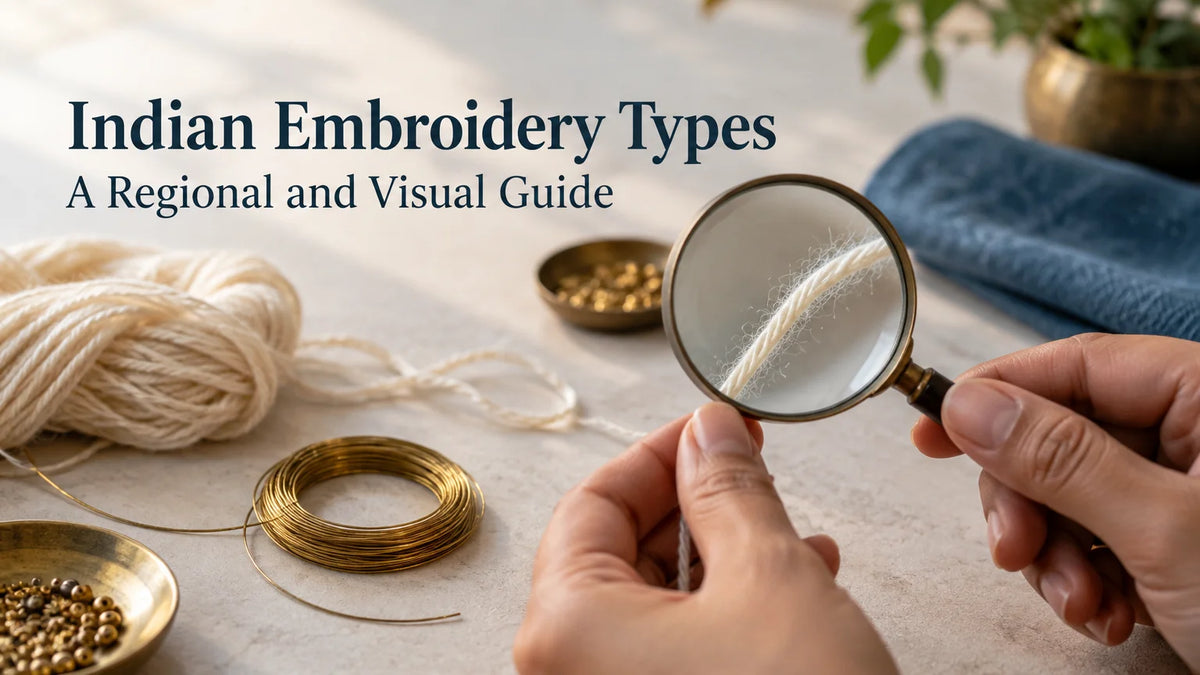 Hands examining ivory thread through a magnifying glass beside gold-coloured wire and beads on a tabletop.
