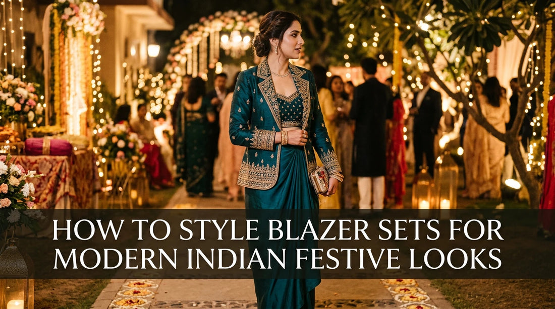 Modern Indian woman showcases embroidered zardosi blazer set with draped silk skirt at festive event.