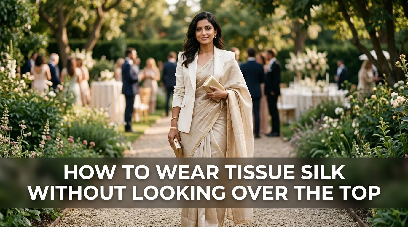 Modern woman in silk saree and ivory blazer, posing with matte clutch at outdoor event.