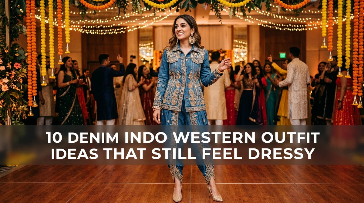 Woman wearing embroidered blue denim jacket and dhoti pants with chandbalis, posing indoors.