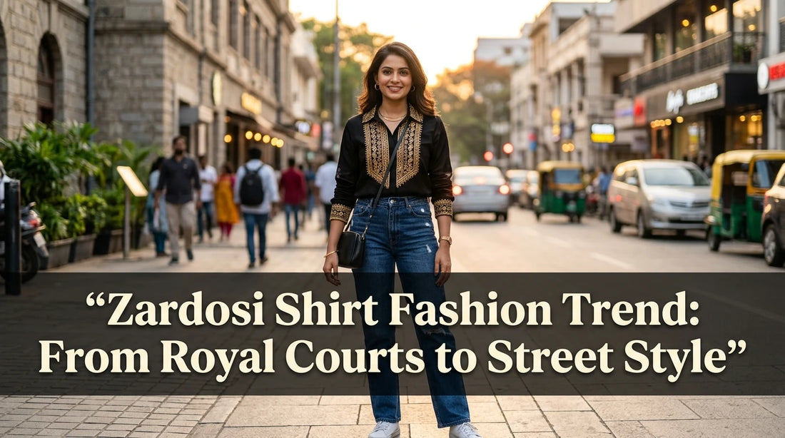 Modern Indian woman stands on city street, wearing zardosi-embroidered shirt with jeans, banner text overlay.