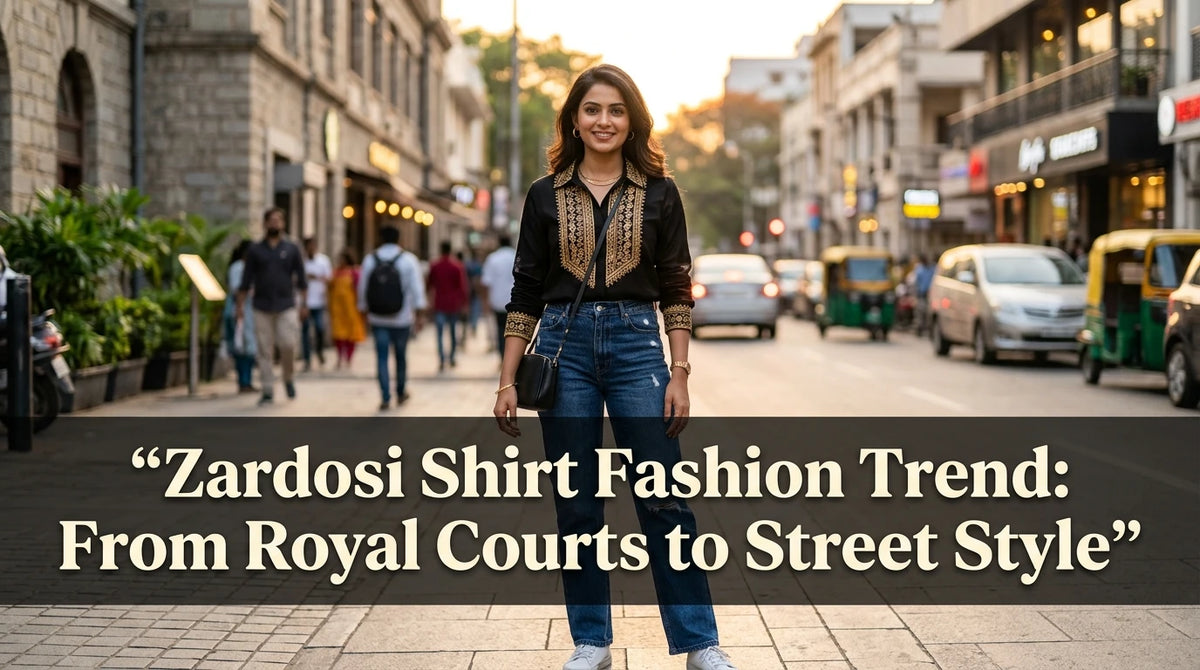 Modern Indian woman stands on city street, wearing zardosi-embroidered shirt with jeans, banner text overlay.