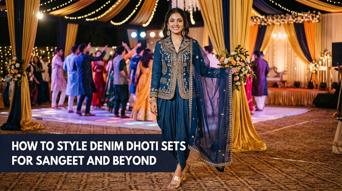 Modern Indian woman wearing denim dhoti set with blazer, posing in sangeet venue.