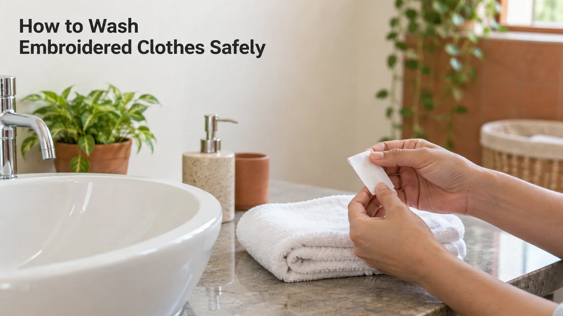 Hands examining a blank fabric care tag beside a white ceramic washbasin and folded white towel.