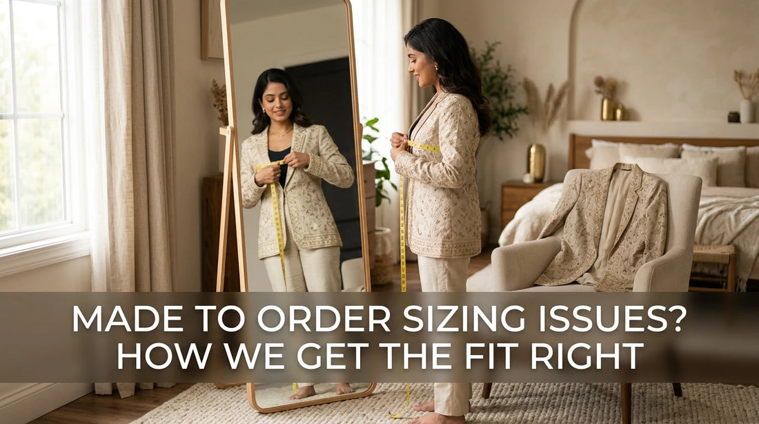 Modern woman measures bust with tape, blazer draped nearby, mirror present, magazine-style title banner.