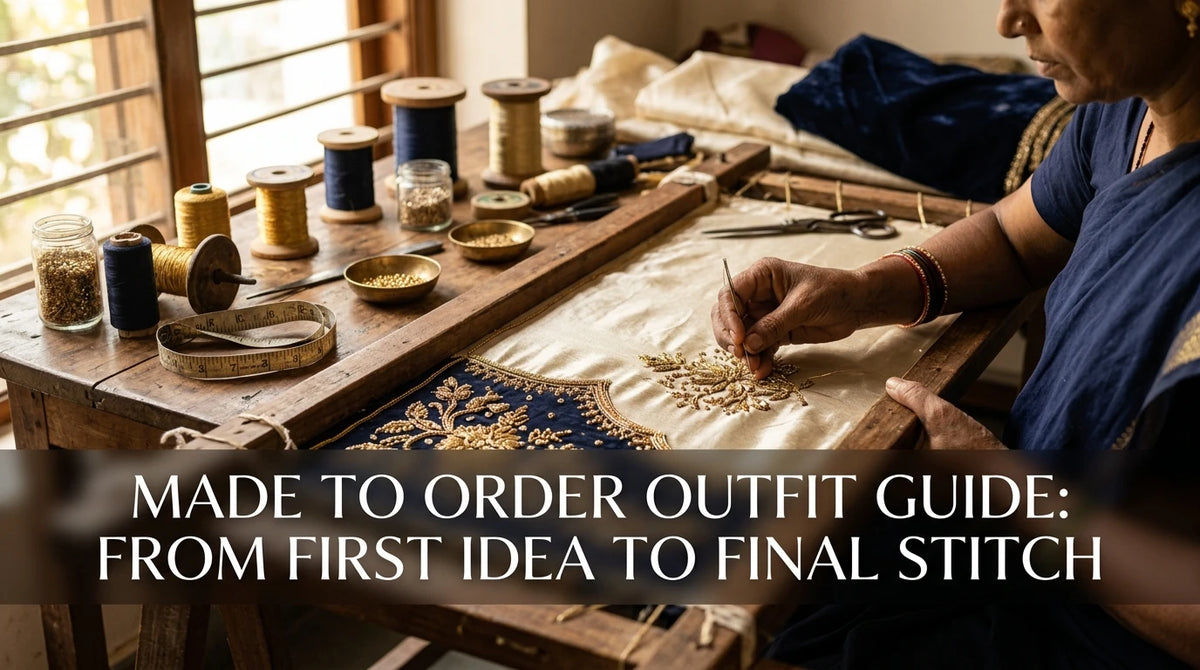 Indian artisan delicate hands embroider gold Zardosi onto tissue silk on worktable with tools nearby