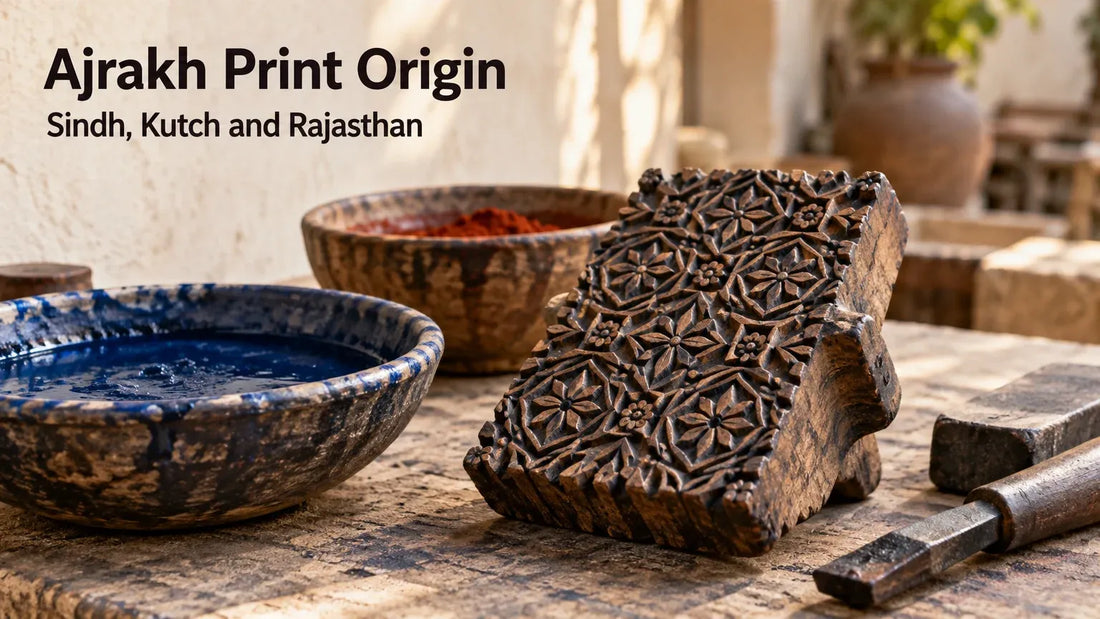 Carved geometric wooden printing block beside indigo-blue and earthy-red colour bowls, with tools on a craft worktable.