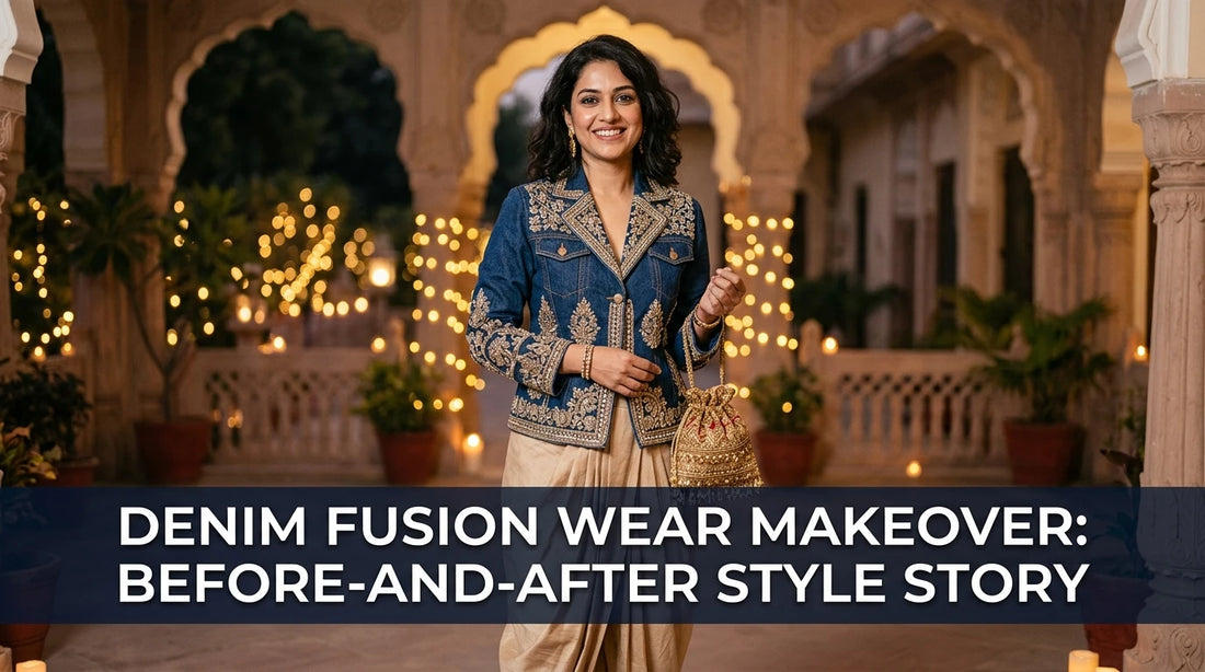 Modern Indian woman poses in embroidered denim jacket and dhoti bottom, holding a potli.