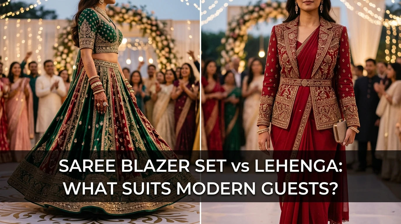 Two guests in traditional outfits: lehenga vs saree blazer set, crowd blurred, title banner across bottom.