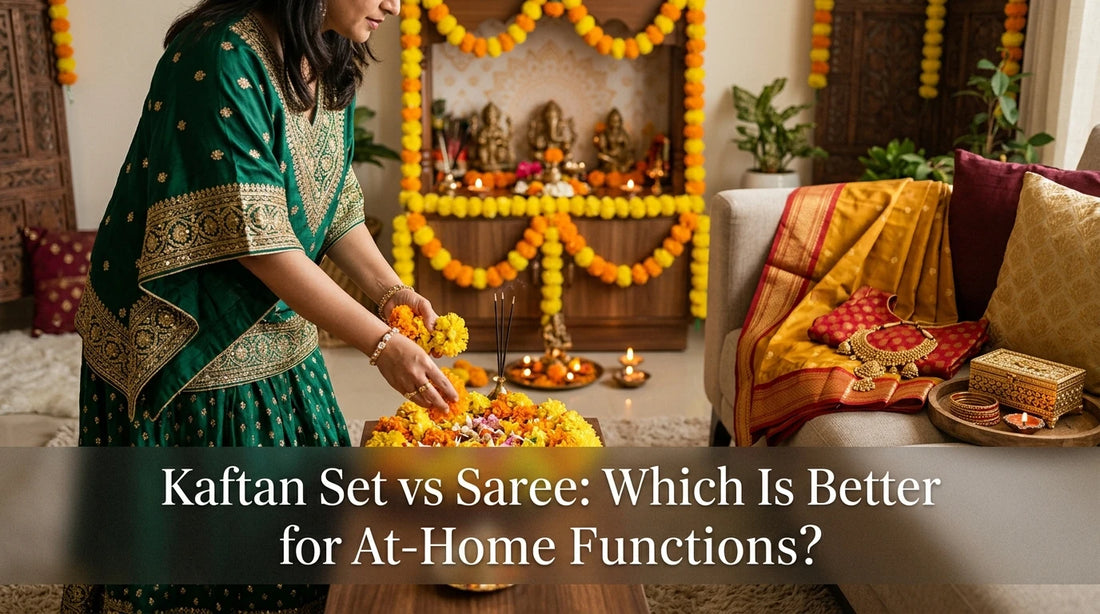 Two outfits, a woman arranging flowers; saree laid out, setting for home puja backdrop.