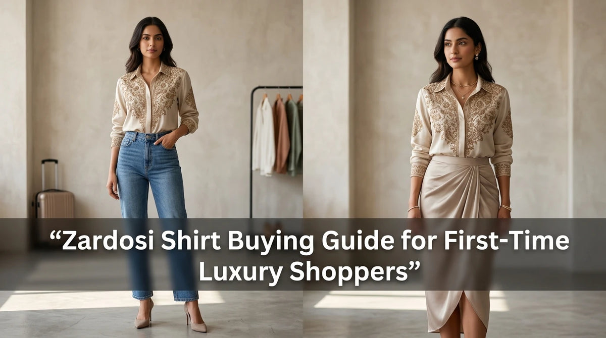 Modern woman showcases zardosi-embroidered shirt in two outfits; studio setting, blurred background, title banner.