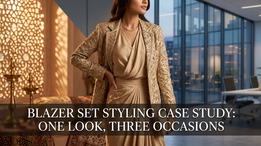 Woman in embroidered blazer set posing between traditional Indian decor and glass office, centered outfit focus