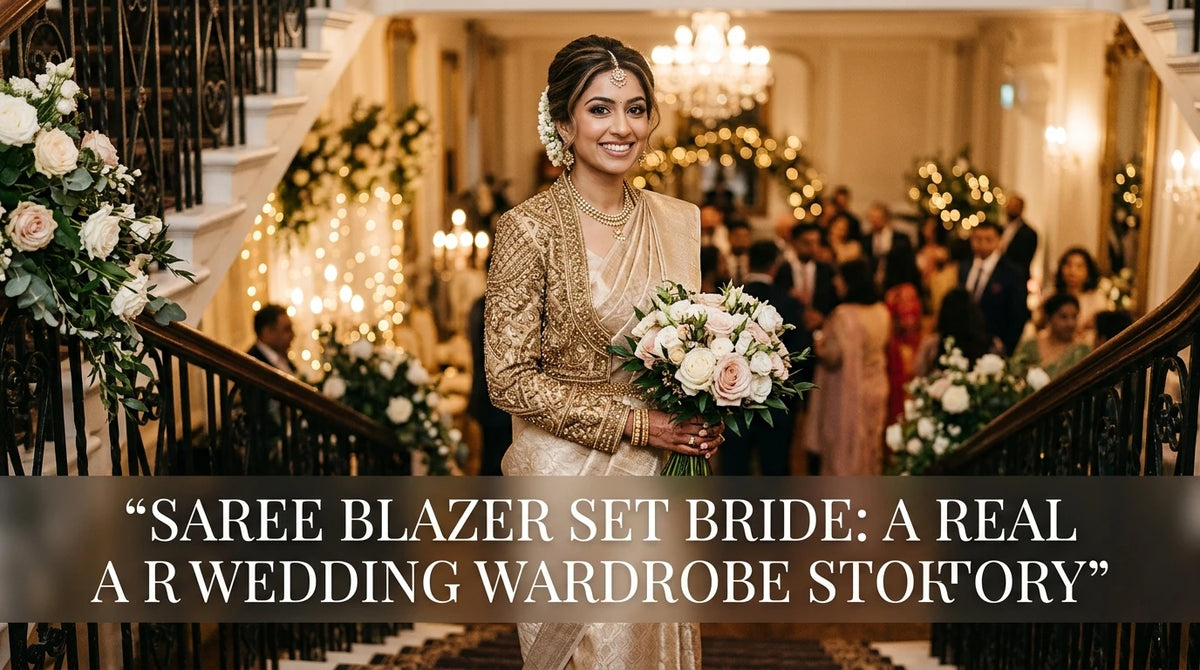 Modern Indian bride poses on staircase, wearing champagne saree with antique blazer, banquet hall backdrop