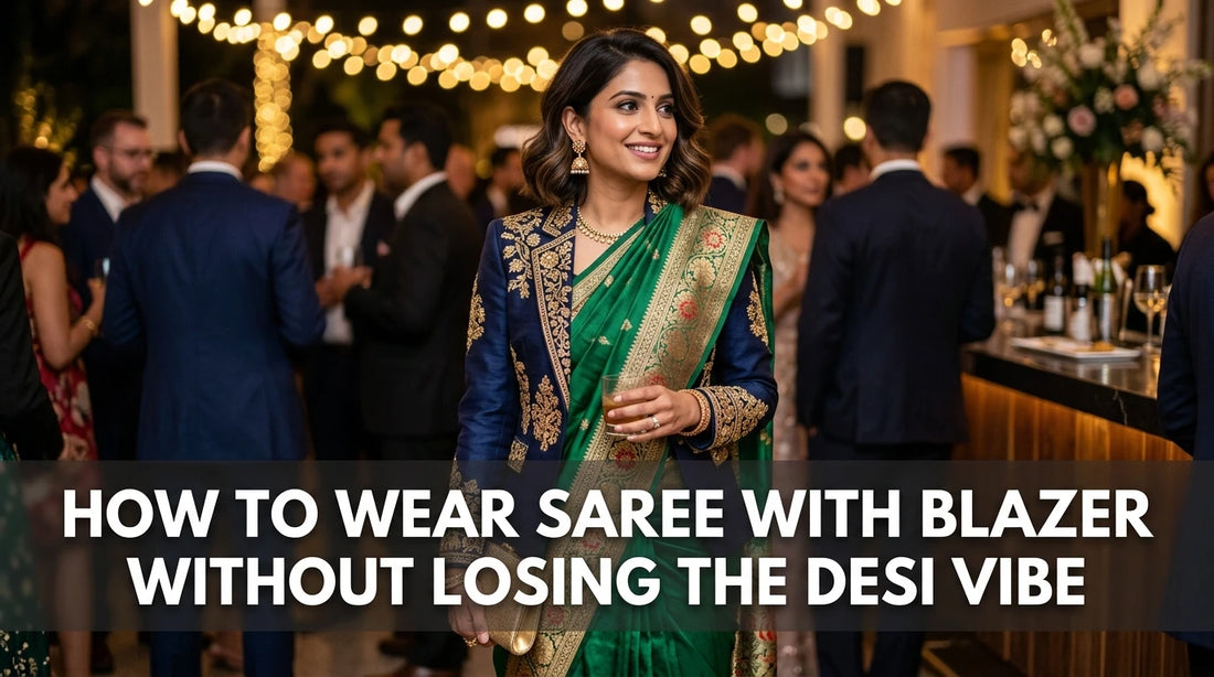 Stylish Indian woman wears saree with blazer at cocktail reception, crowd blurred background.
