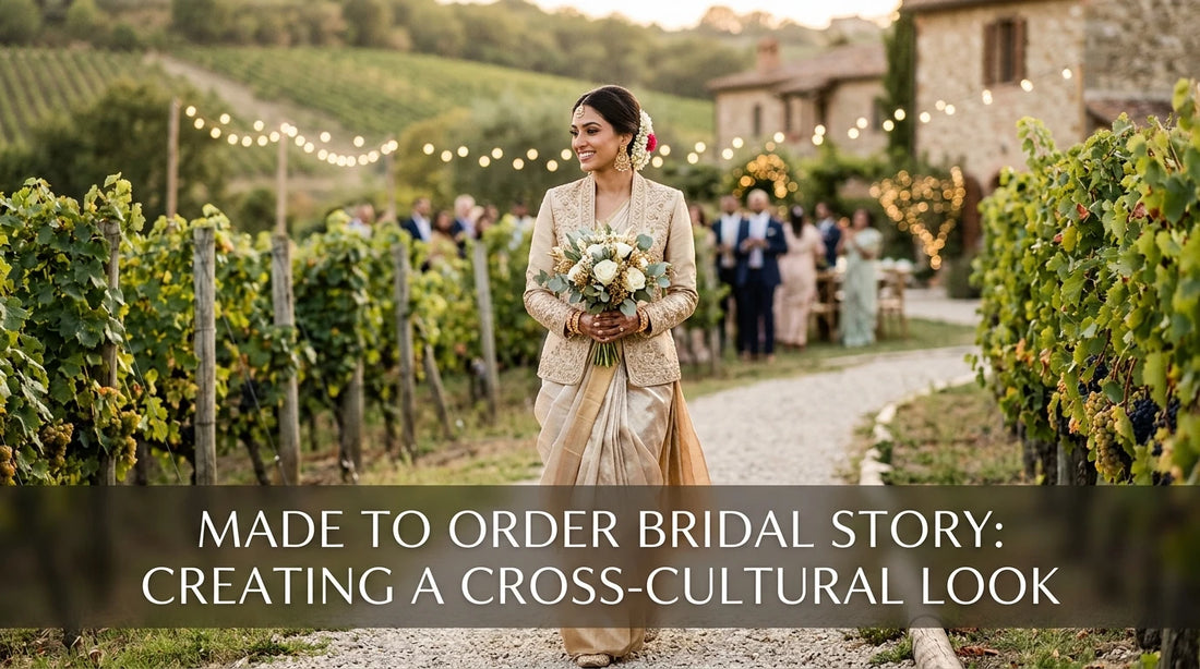 Indian bride wearing blazer and silk skirt walking through sunlit vineyard wedding venue.