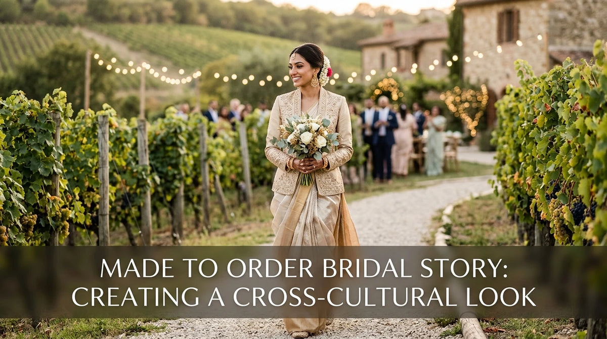 Indian bride wearing blazer and silk skirt walking through sunlit vineyard wedding venue.