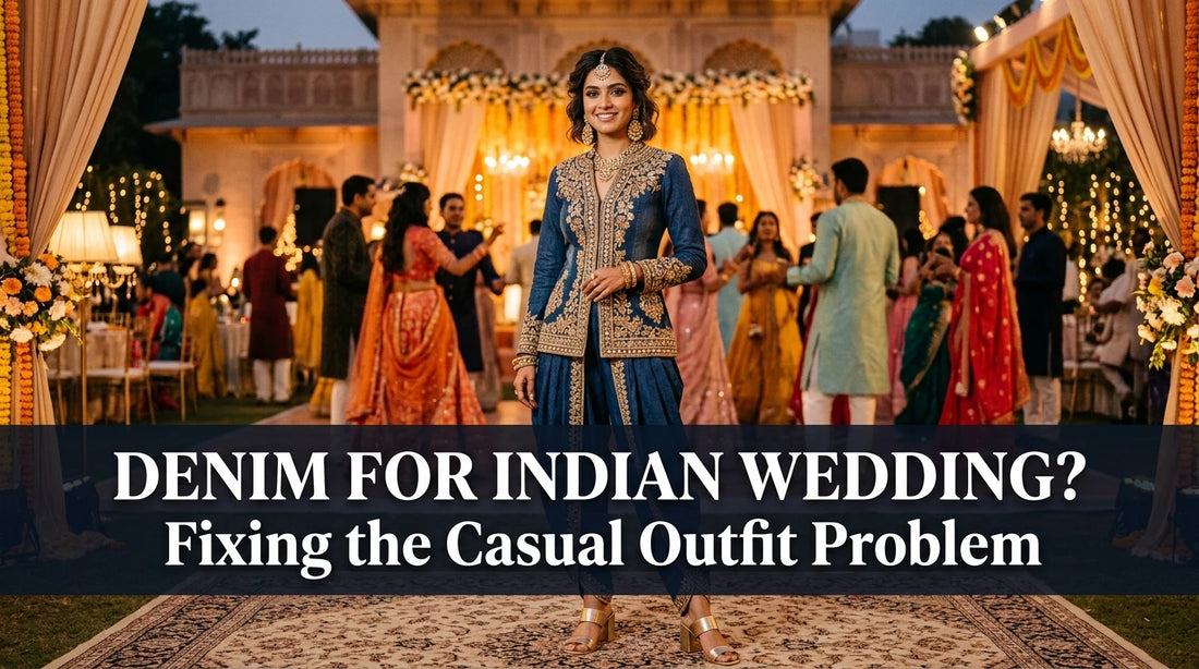 Woman wearing embroidered indigo denim dhoti and jacket, confidently posing at sangeet venue.