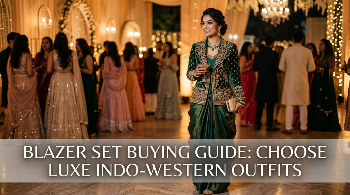 Modern Indian woman in Indo-Western blazer set posing at evening wedding cocktail with blurred guests