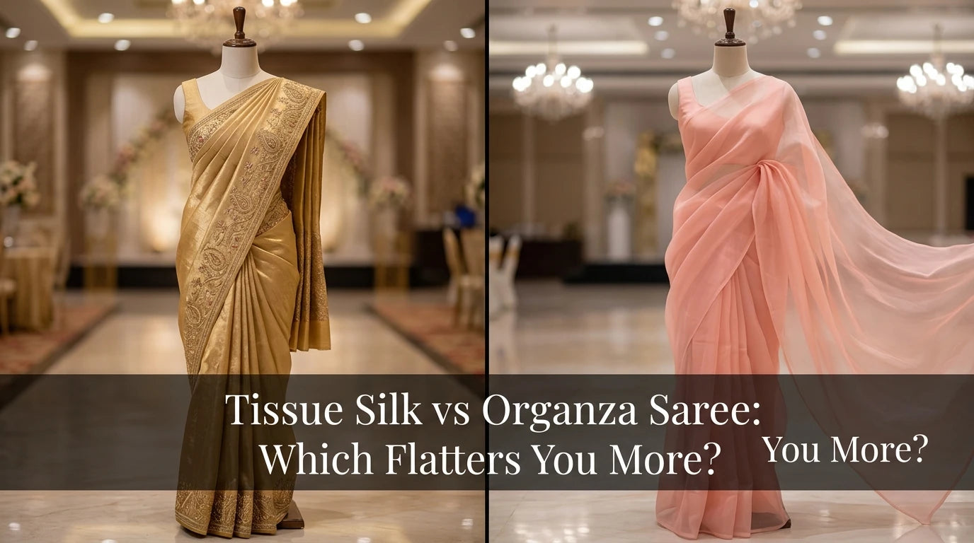 Split-scene: left dress form with gold tissue silk saree; right form with pastel organza saree.