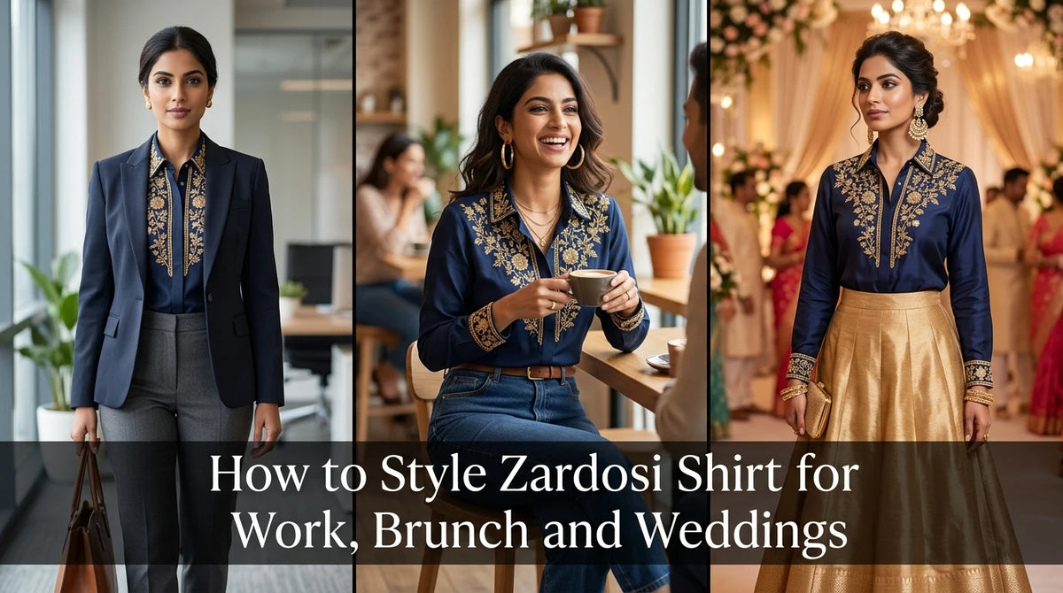 Stylish woman demonstrates three outfit stylings of a zardosi shirt in one frame.