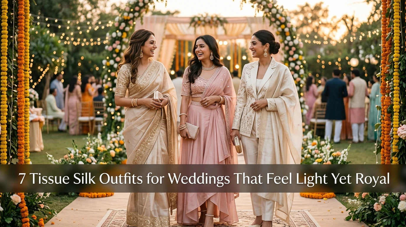Three elegant women outdoors wear tissue silk outfits: saree, skirt set, and blazer set.