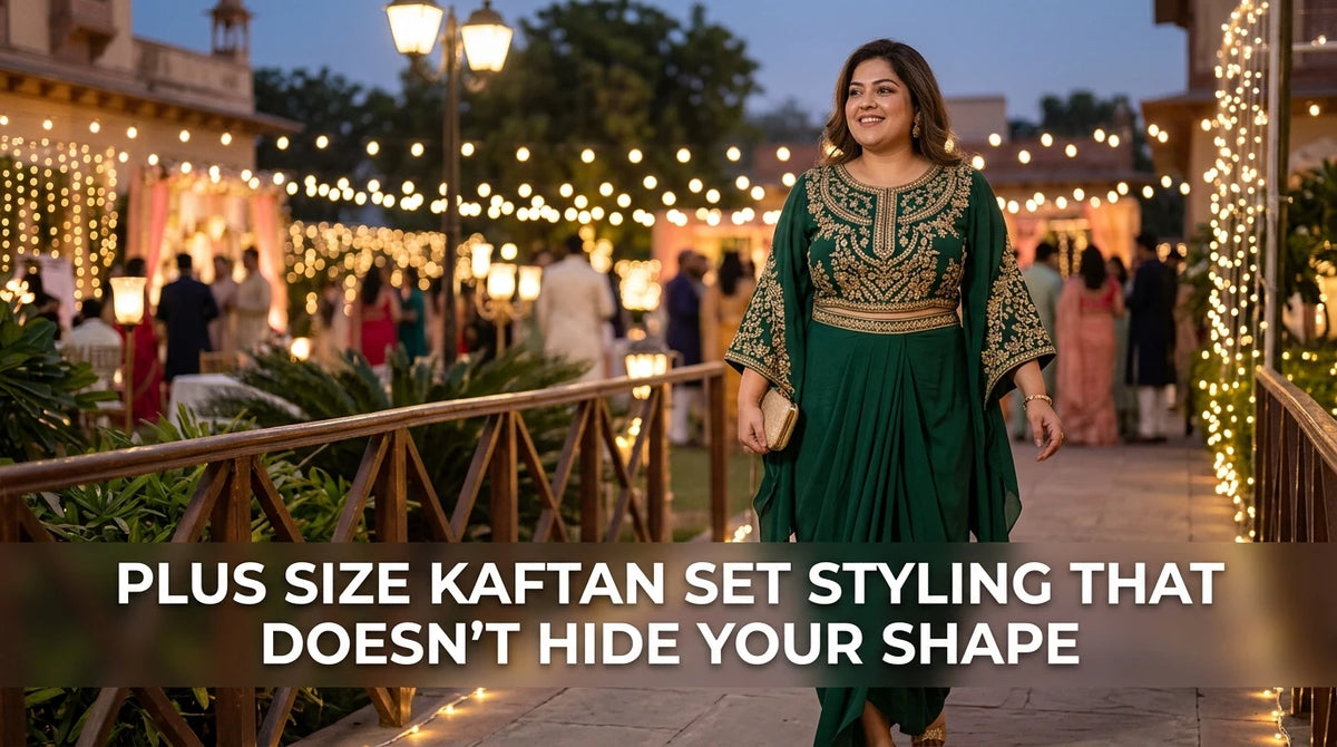 Confident plus-size woman walking outdoors in ornate Indo-Western kaftan-draped skirt; focus on embroidery