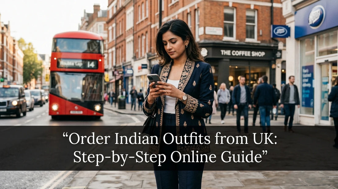 Stylish South Asian woman on London street glancing at smartphone in embroidered Indo-Western blazer.