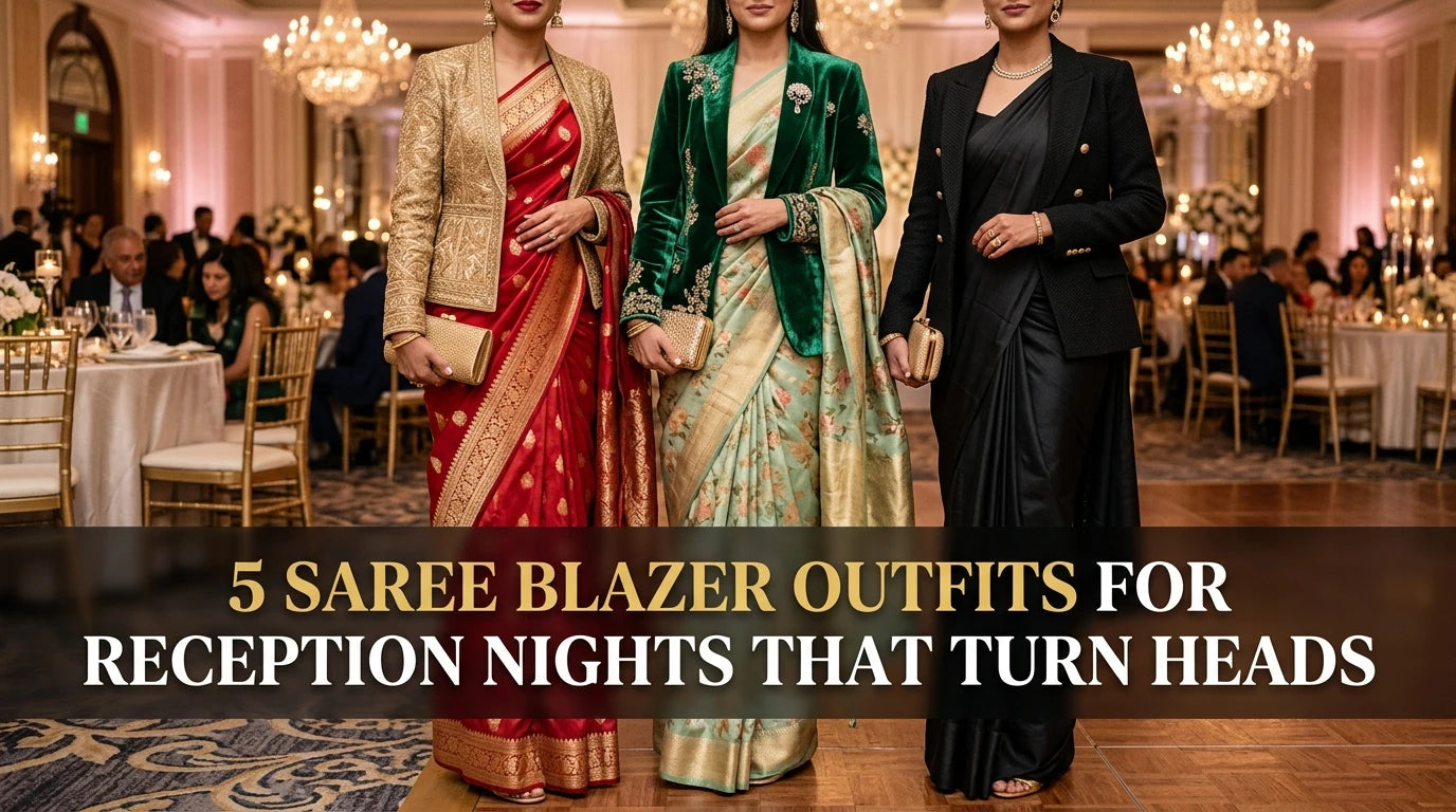 Three women in saree-blazer ensembles posing in a wedding reception setting.