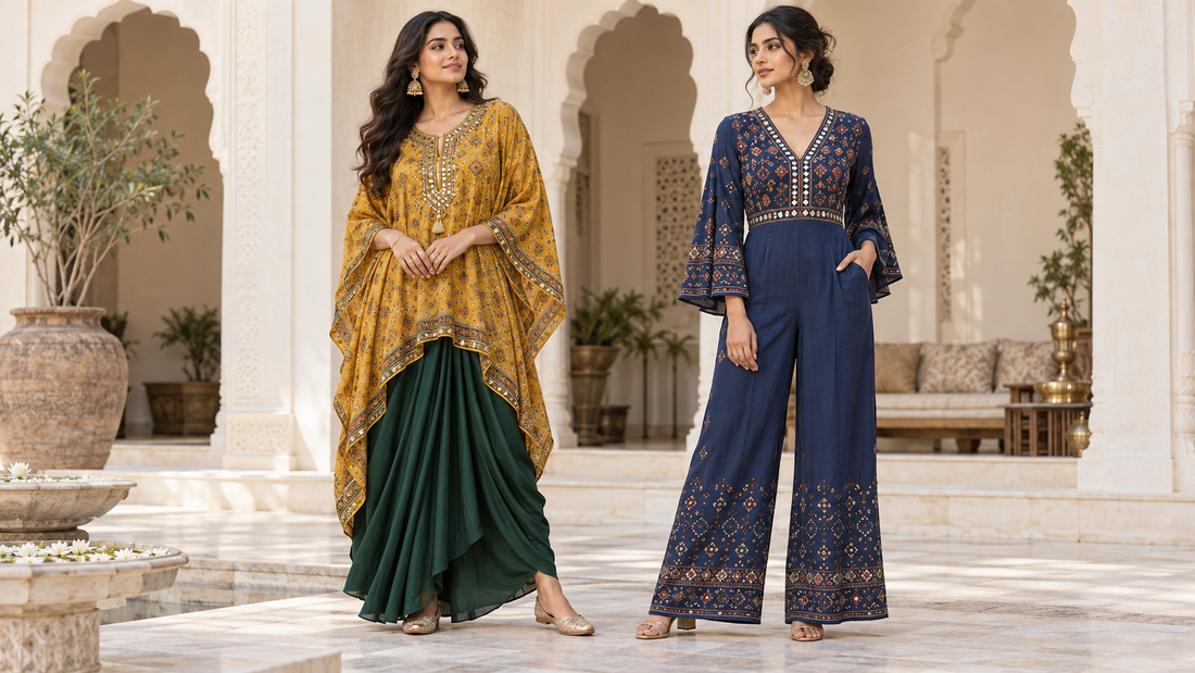 Two women comparing occasionwear silhouettes: a mustard kaftan with a green draped skirt and an indigo wide-leg jumpsuit.