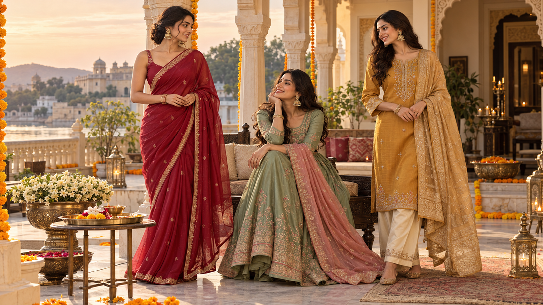 Three women in a berry saree, sage Anarkali and mustard kurta set in a festive courtyard with a puja thali.