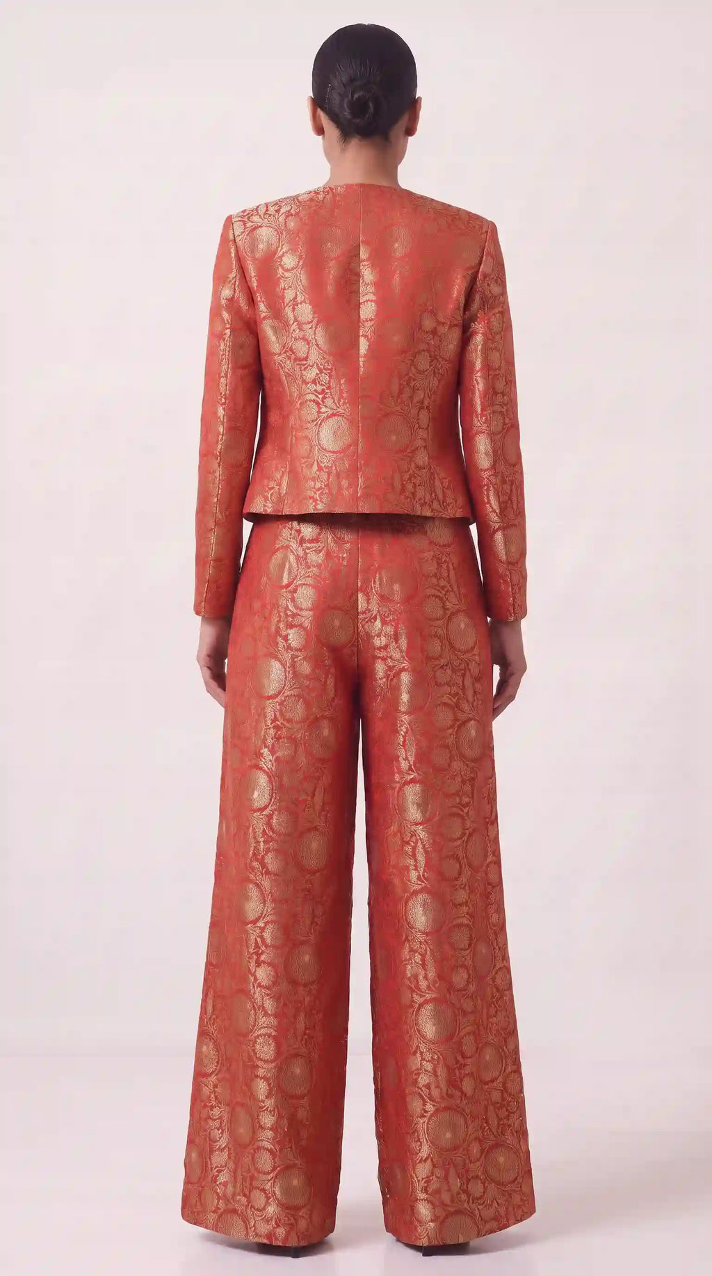 KANIRA — Red Katan Silk Brocade Jacket, Crop Top & Pant Set
