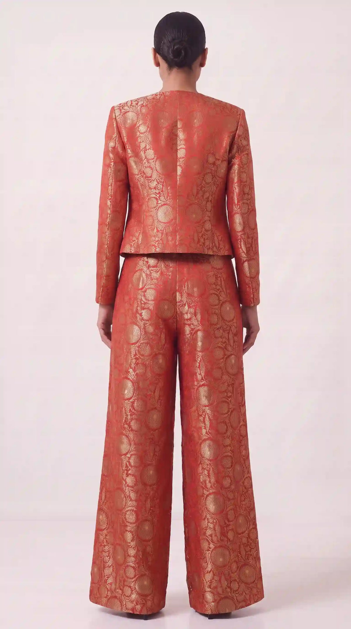 KANIRA — Red Katan Silk Brocade Jacket, Crop Top & Pant Set