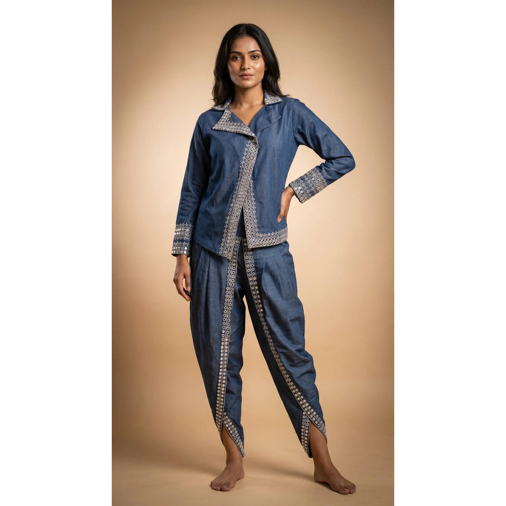 Blue Denim Top-Dhoti Set