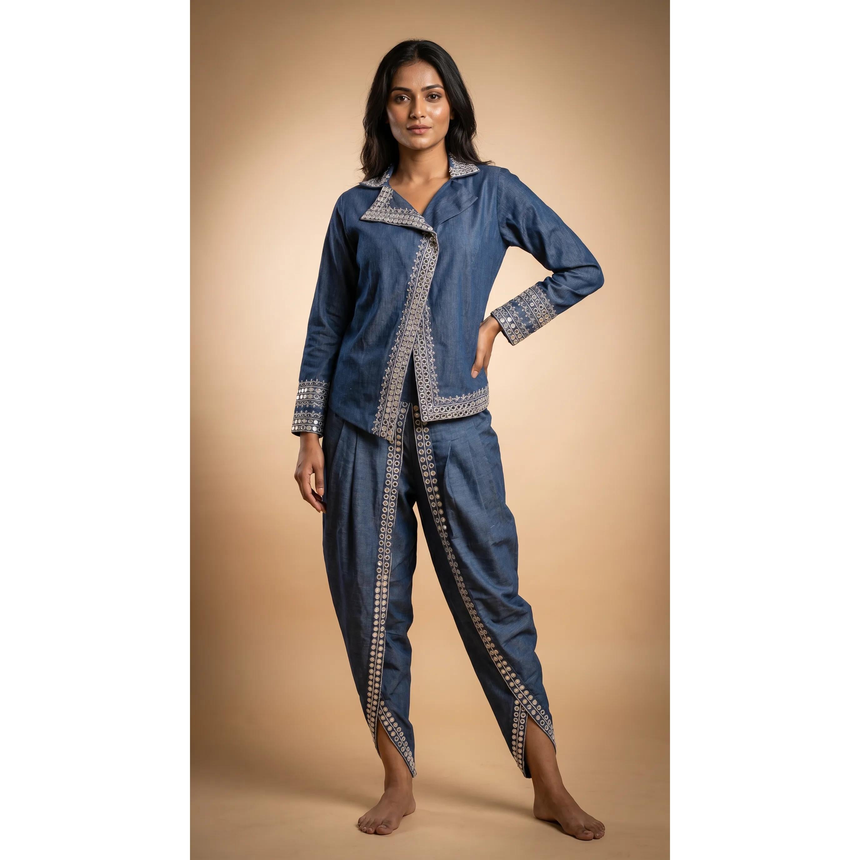 Blue Denim Top-Dhoti Set