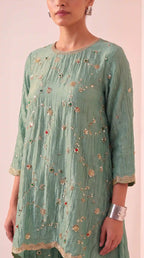IRAAYA — Sage Green Crushed Tissue Silk Kurta & Tulip Dhoti Set — thumbnail 2