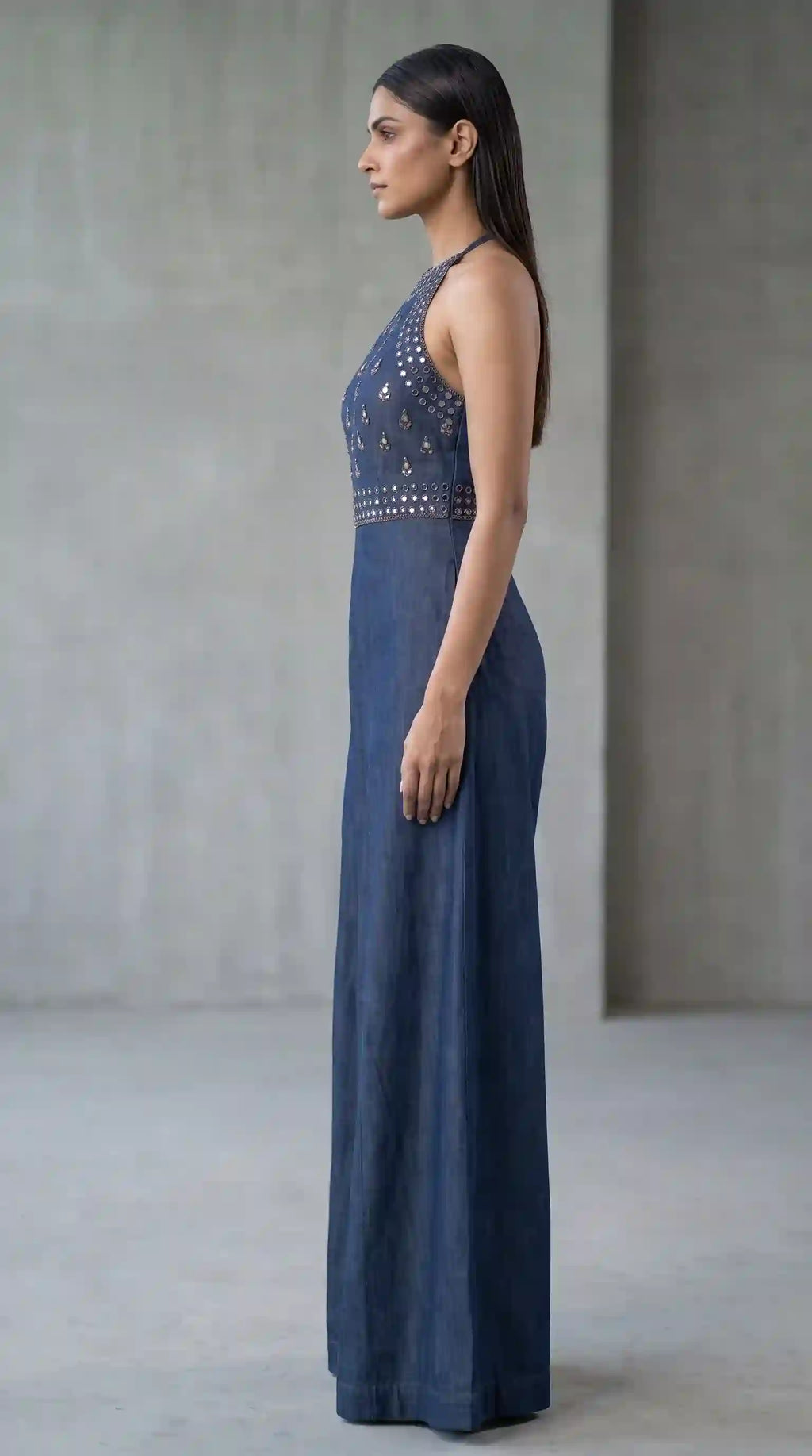 Blue Denim Mirror Work Halter Neck Jumpsuit