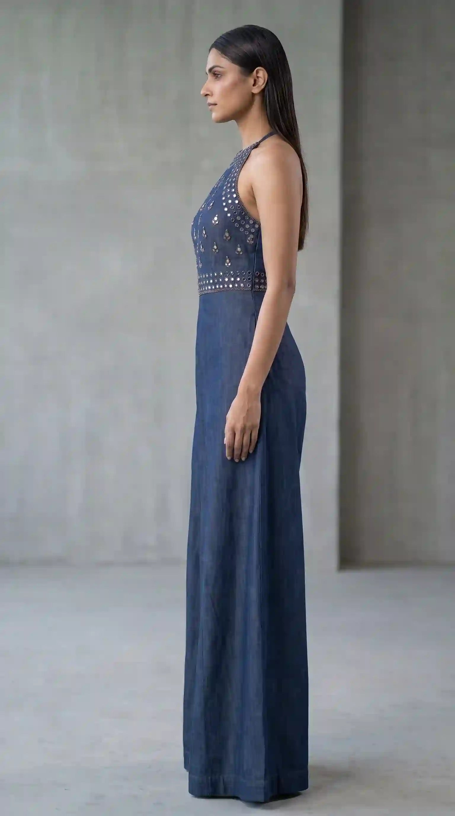Blue Denim Mirror Work Halter Neck Jumpsuit