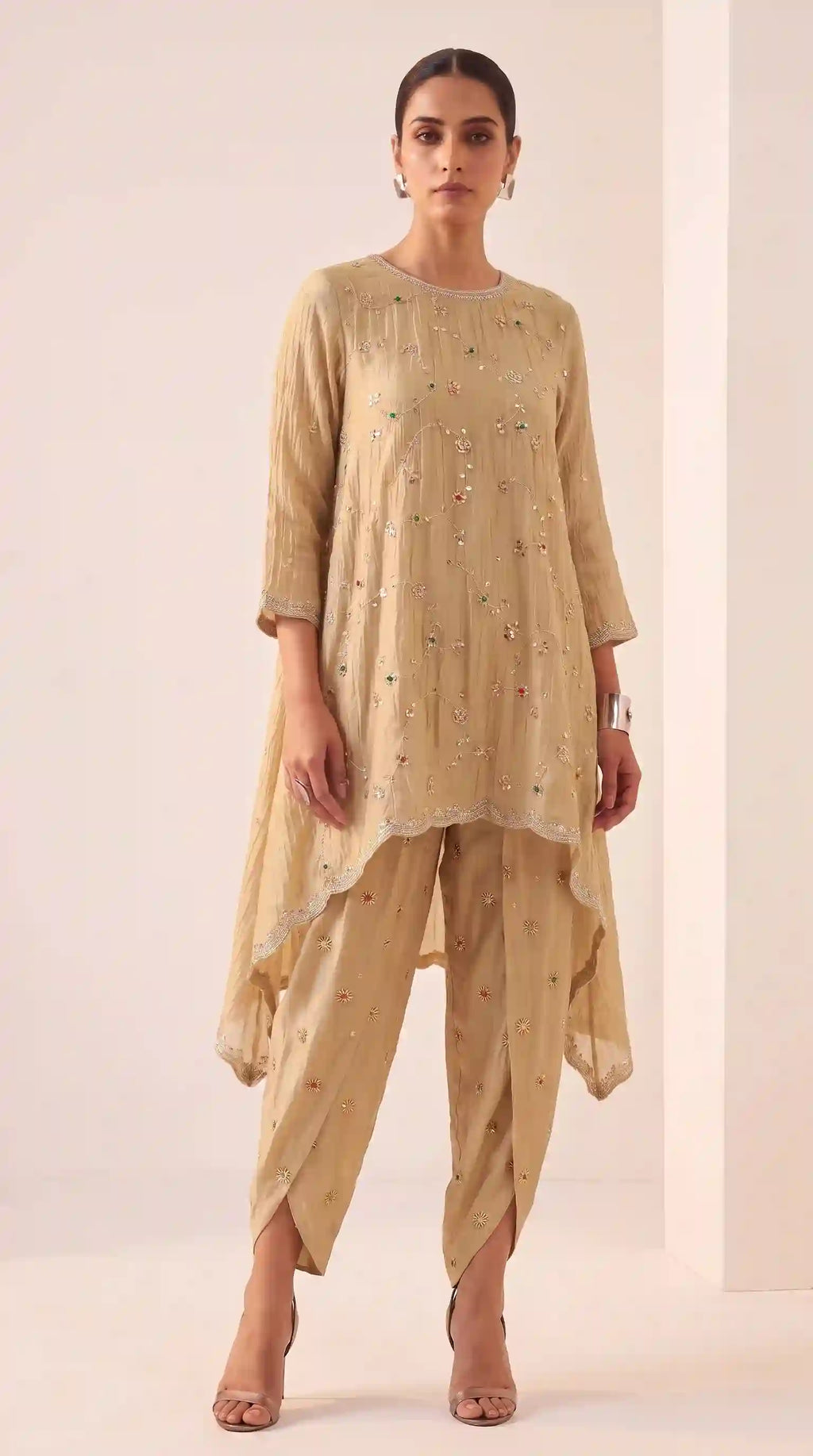 IRAAYA — Champagne Gold Crushed Tissue Silk Kurta & Tulip Dhoti Set