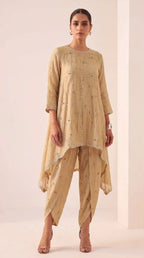 IRAAYA — Champagne Gold Crushed Tissue Silk Kurta & Tulip Dhoti Set — thumbnail 4