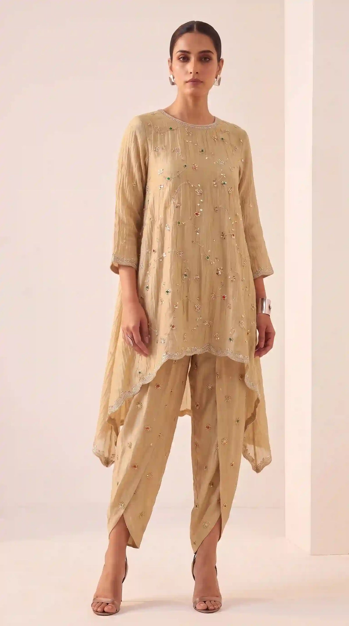 IRAAYA — Champagne Gold Crushed Tissue Silk Kurta & Tulip Dhoti Set