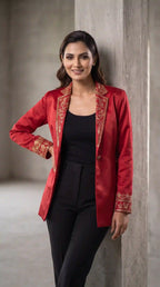 Red Modal Silk Zardosi Work Blazer featuring zardosi hand embroidery