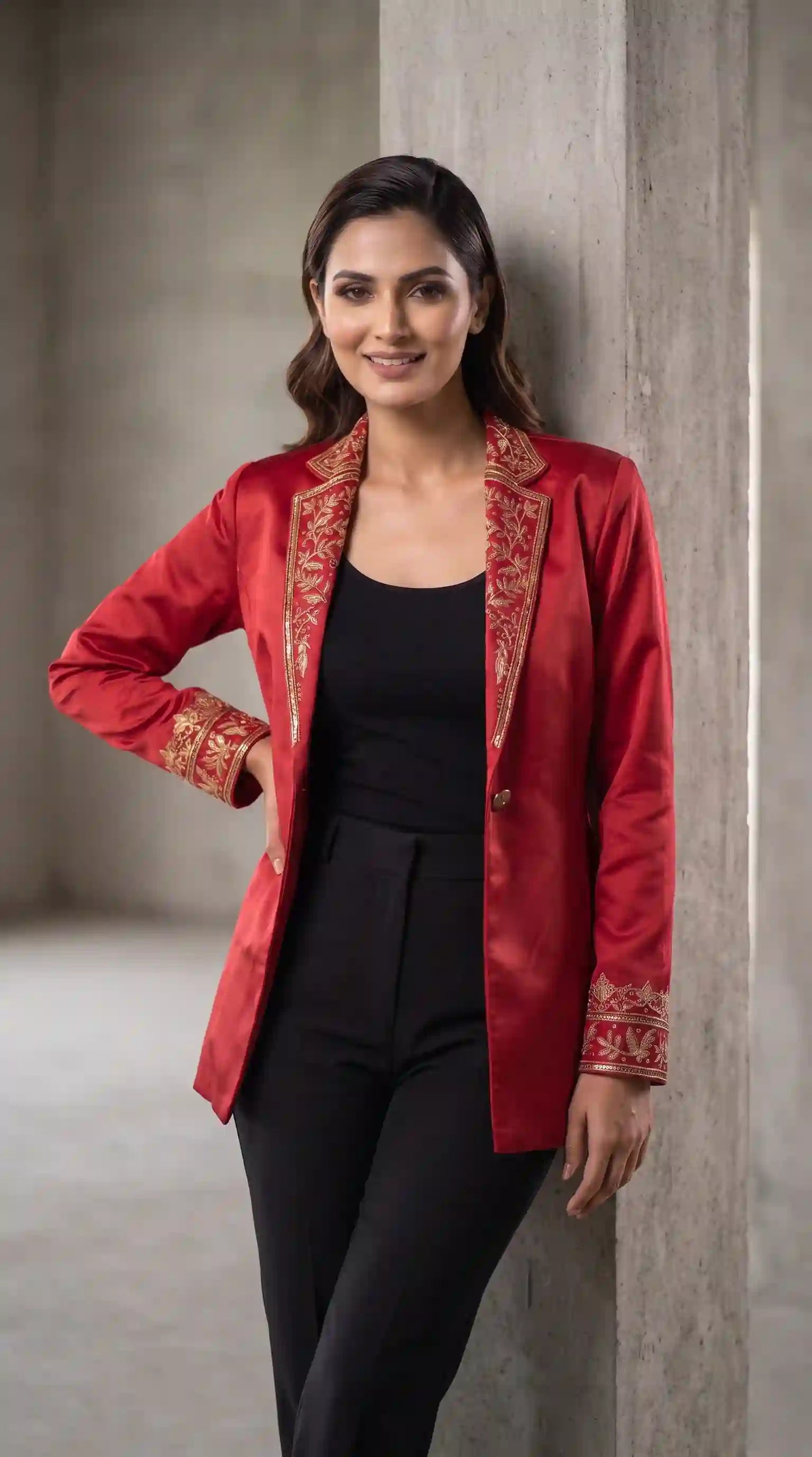 Red Modal Silk Zardosi Work Blazer featuring zardosi hand embroidery