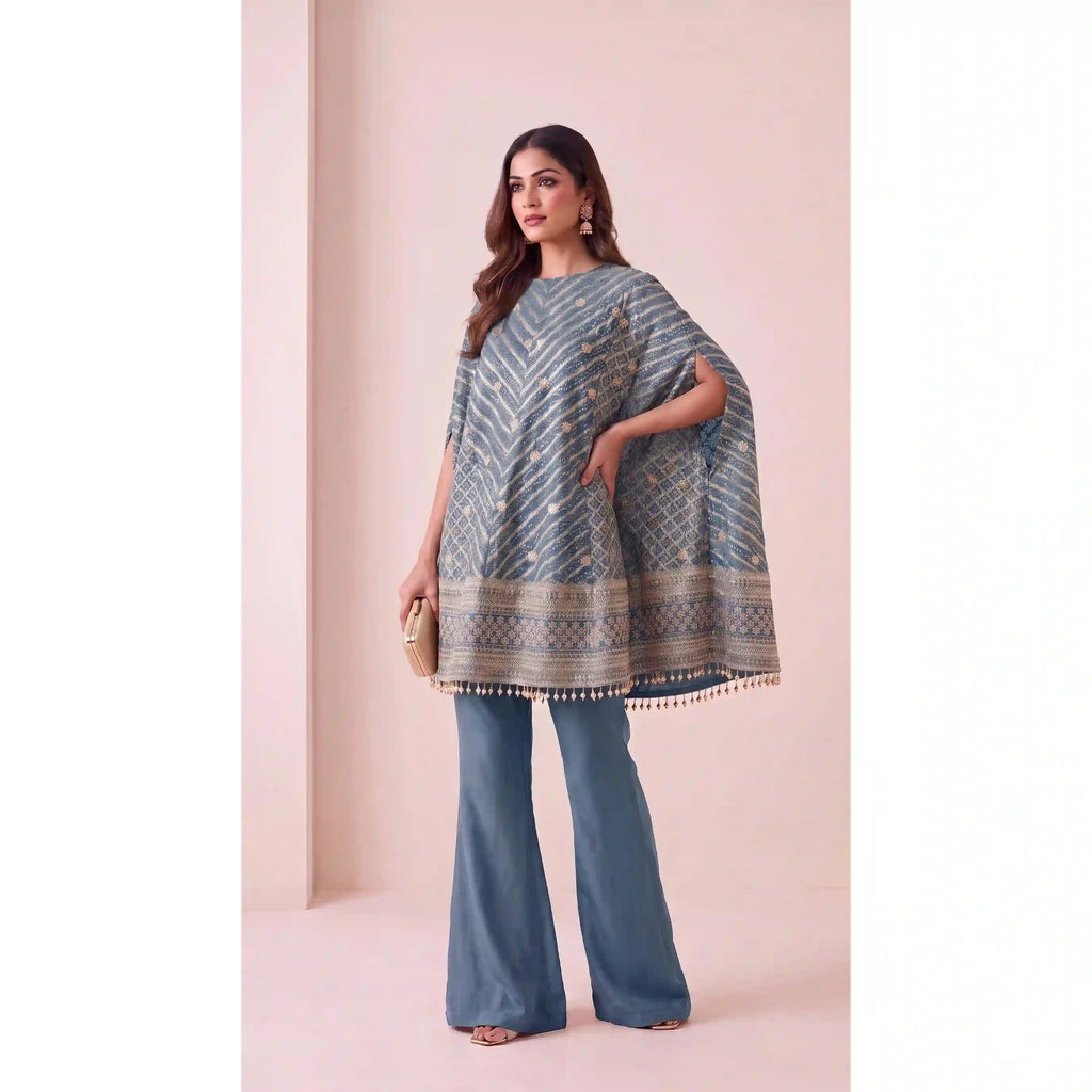 RANGIRA — Blue Bandhani Print Cape Top & Modal Silk Pant Set