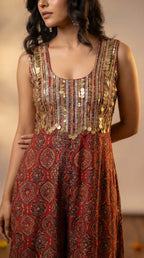 Rust Red Ajrakh Modal Silk Jumpsuit with Embroidery