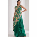 VEERA - Crepe Embroidered Asymmetrical Top & Draped Skirt Set (Green)