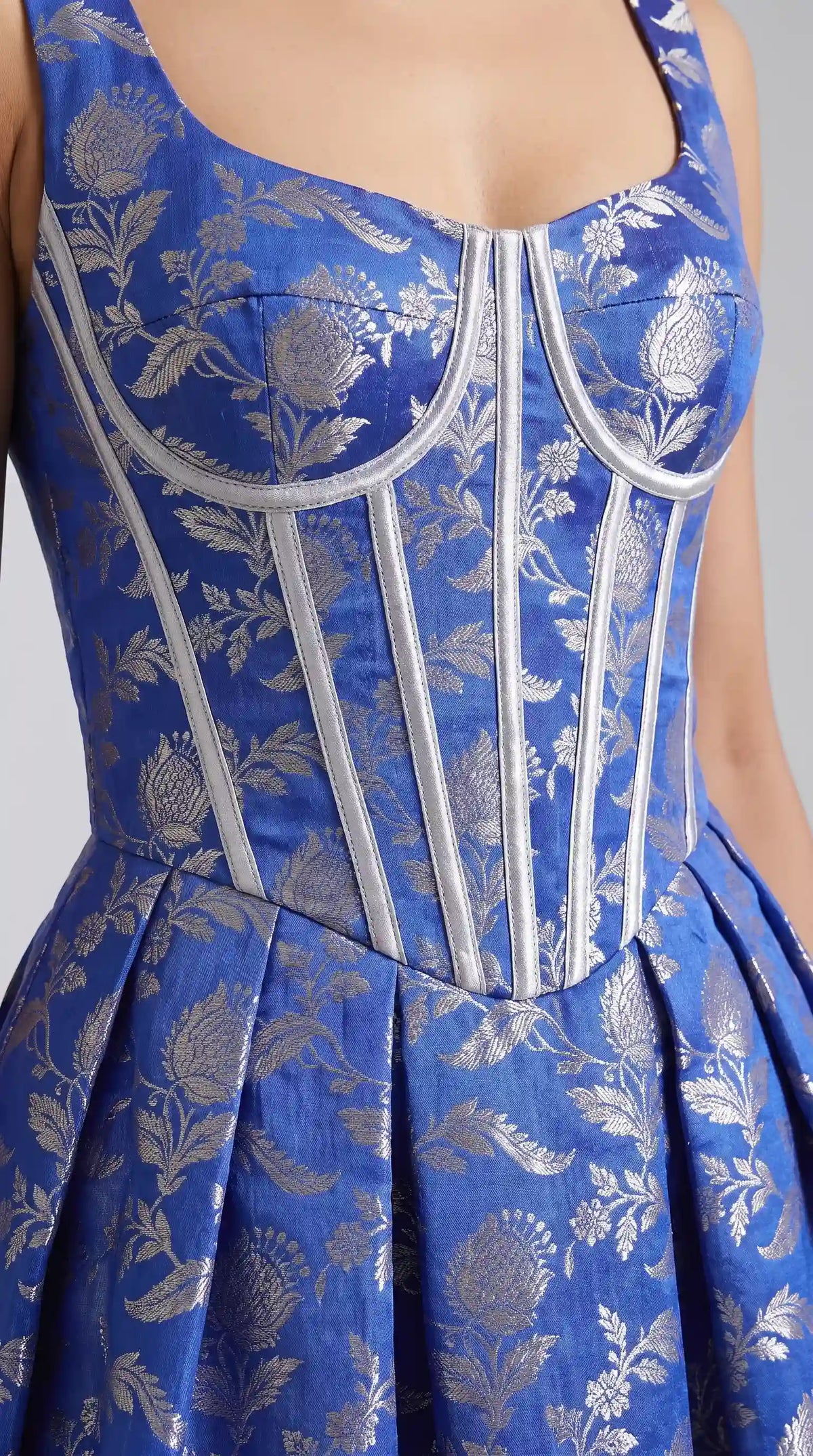 Royal Blue Chanderi Brocade Corset Midi Dress