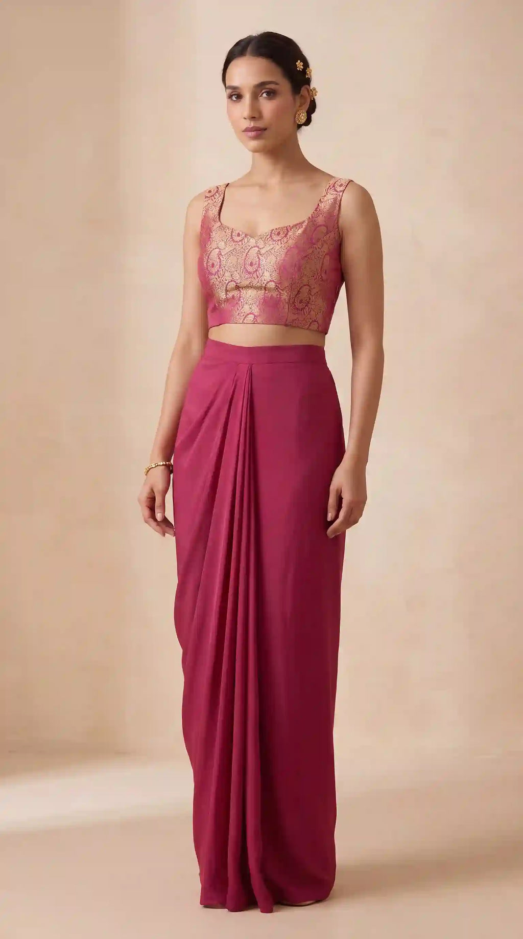 PANNA — Banarasi Satin Kimkhab Zardosi Blouse & Draped Skirt and Jacket Set (Pink) featuring zardosi hand embroidery with ban