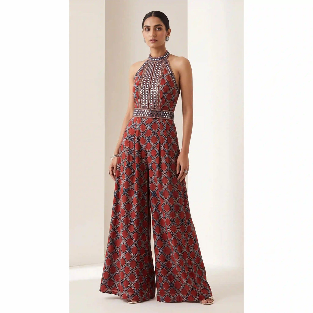 Rust Red Ajrakh Modal Silk Jumpsuit with Mirror Work