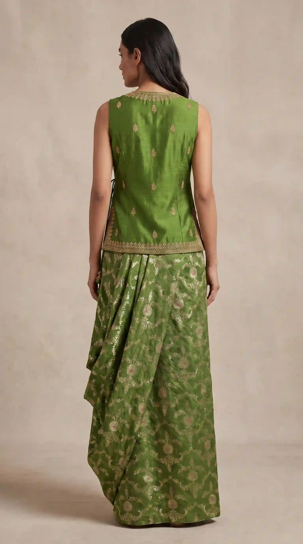 VRINDA — Olive Zardosi Koti & Cowl-Draped Brocade Skirt Set