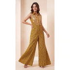 Yellow Ajrakh Modal Silk Jumpsuit with Embroidery